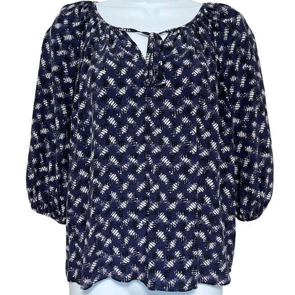 Rebecca Taylor Silk Blouse Top Womens Size 2 Dark Blue Puff Sleeve Peasant Boho - Picture 1 of 11